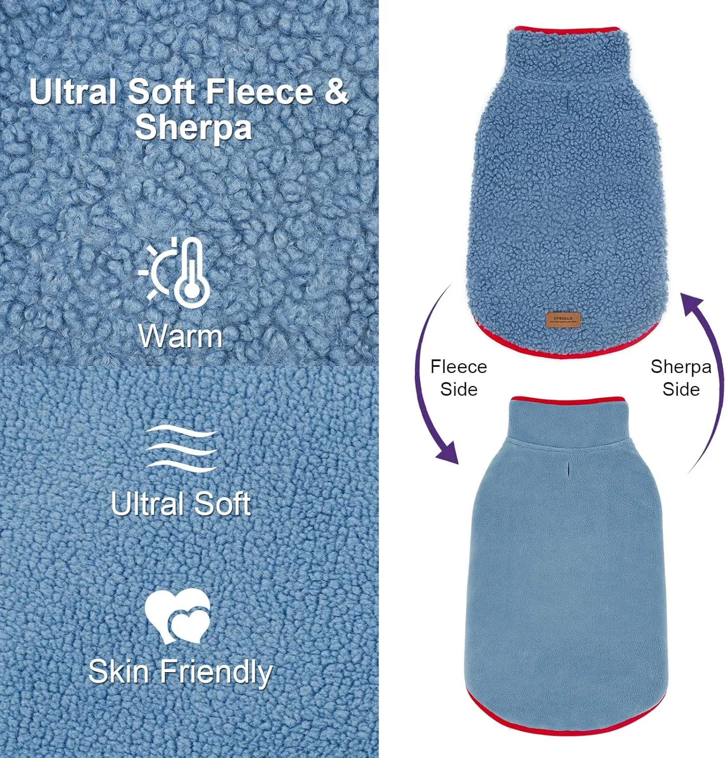 Cyeollo Reversible Dog Jacket - Winter Fleece Sweater & Sherpa Vest for Small Dogs & Cats, Blue L