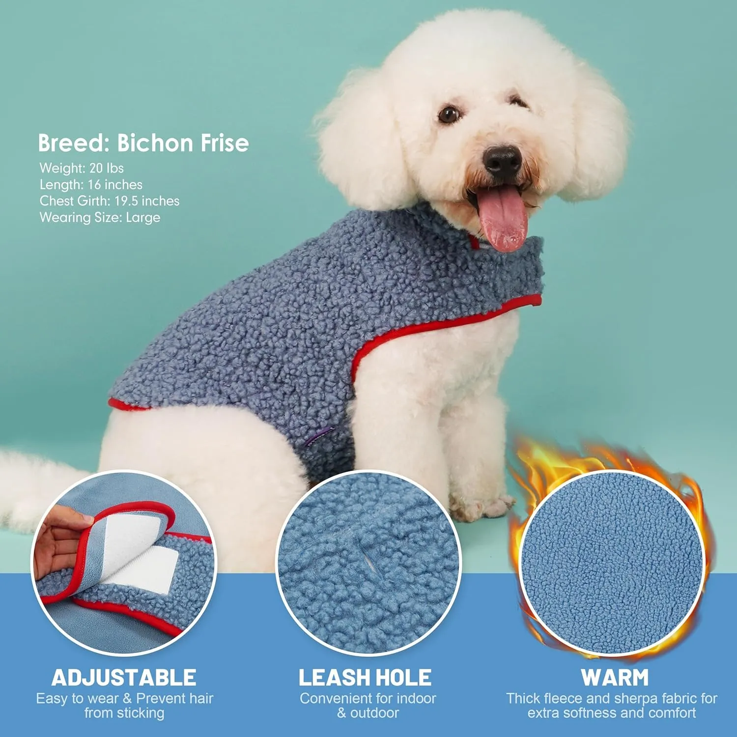 Cyeollo Reversible Dog Jacket - Winter Fleece Sweater & Sherpa Vest for Small Dogs & Cats, Blue L
