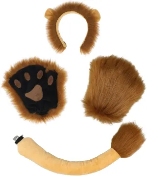 Dodheah Lion Ears Headband Set With Fingerless Furry Glove Paws, Tail - Animal Cosplay Halloween Fancy Dress Costume