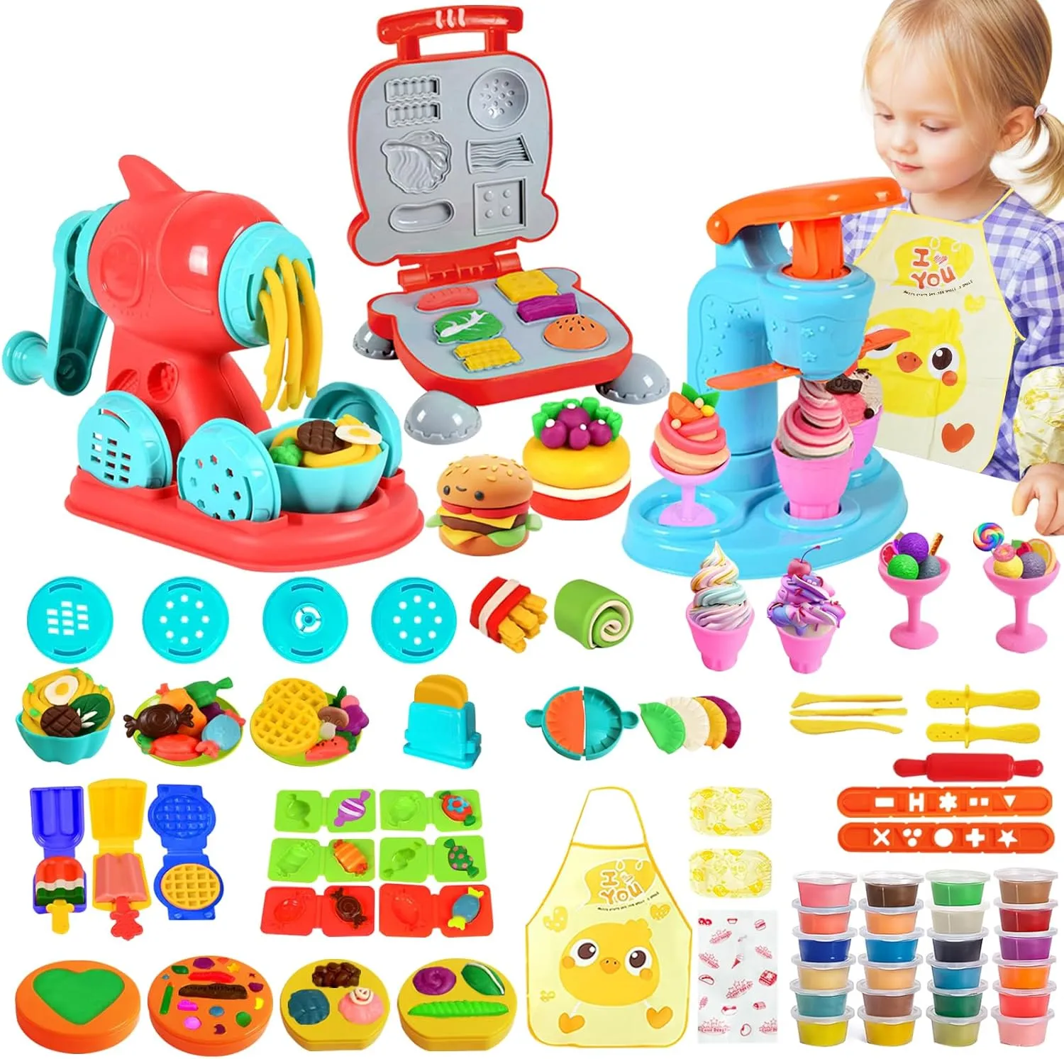 Dough Sets for Kids Age 4-8, Ice Cream Noodle Hamburger Maker Color Dough Kitchen Creations Set Kit, DIY Pretend Play Toys, Kids Arts & Crafts Gifts for Girls Boys Toddlers (24 Clays)