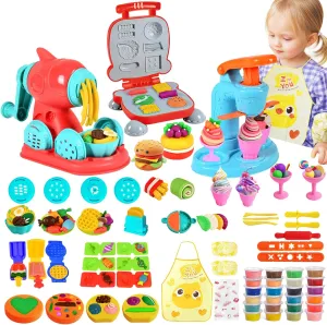 Dough Sets for Kids Age 4-8, Ice Cream Noodle Hamburger Maker Color Dough Kitchen Creations Set Kit, DIY Pretend Play Toys, Kids Arts & Crafts Gifts for Girls Boys Toddlers (24 Clays)
