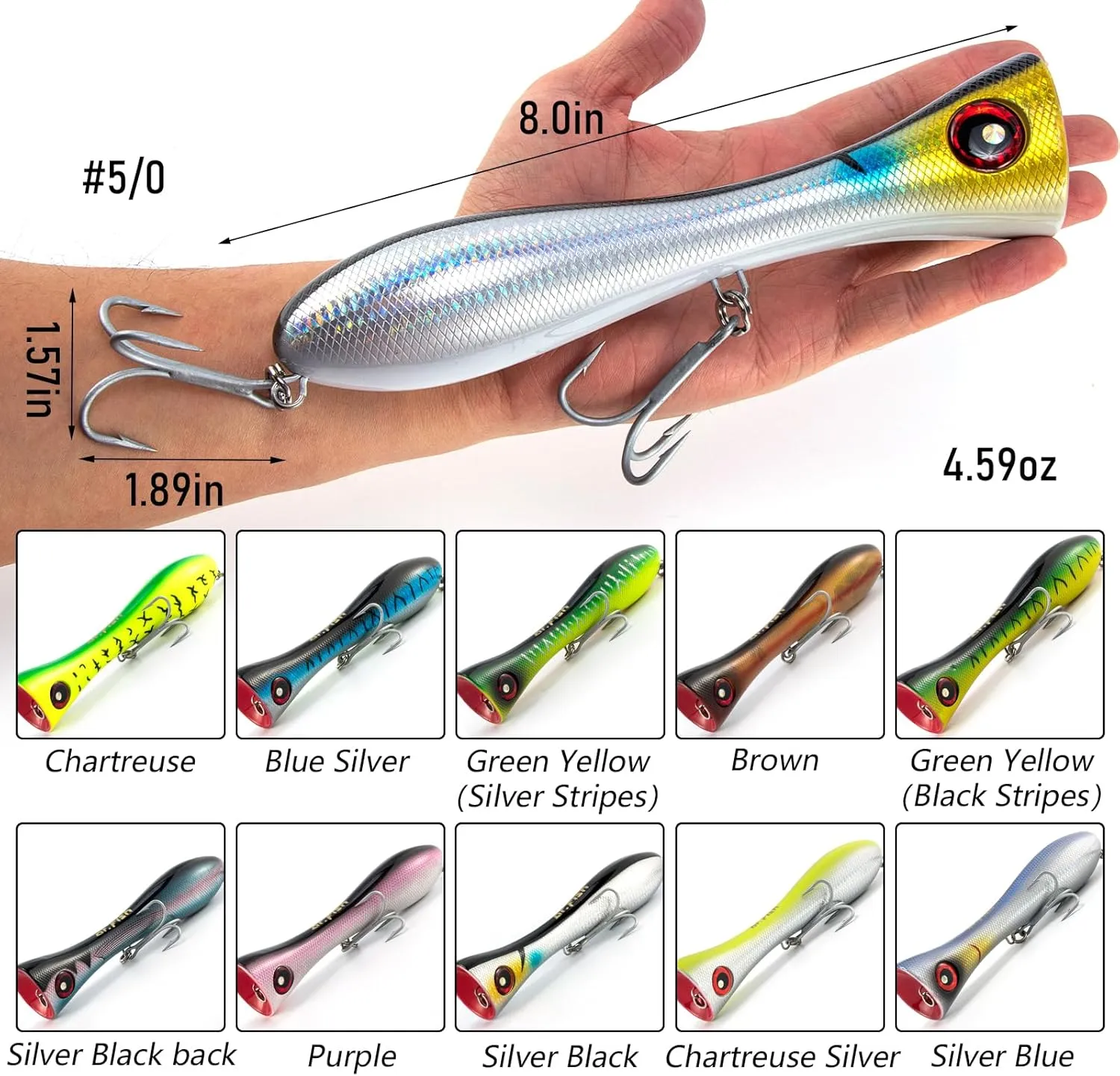 Dr.Fish Topwater Popper Saltwater Fishing Lures, 8 Inches GT Popper VMC Treble Hooks Surf Fishing Lures for Striper Tuna Barracuda Mackerel Snapper Bluefish Pencil Plugs Offshore