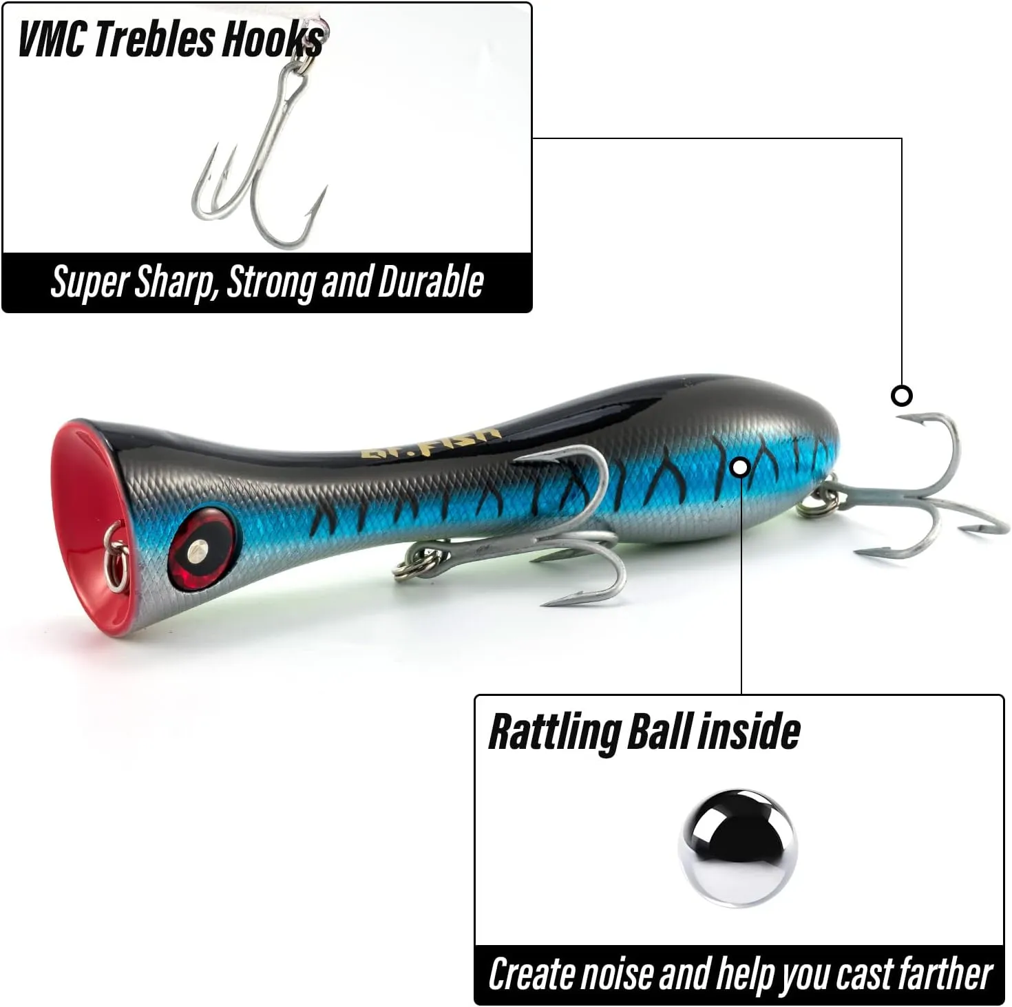 Dr.Fish Topwater Popper Saltwater Fishing Lures, 8 Inches GT Popper VMC Treble Hooks Surf Fishing Lures for Striper Tuna Barracuda Mackerel Snapper Bluefish Pencil Plugs Offshore