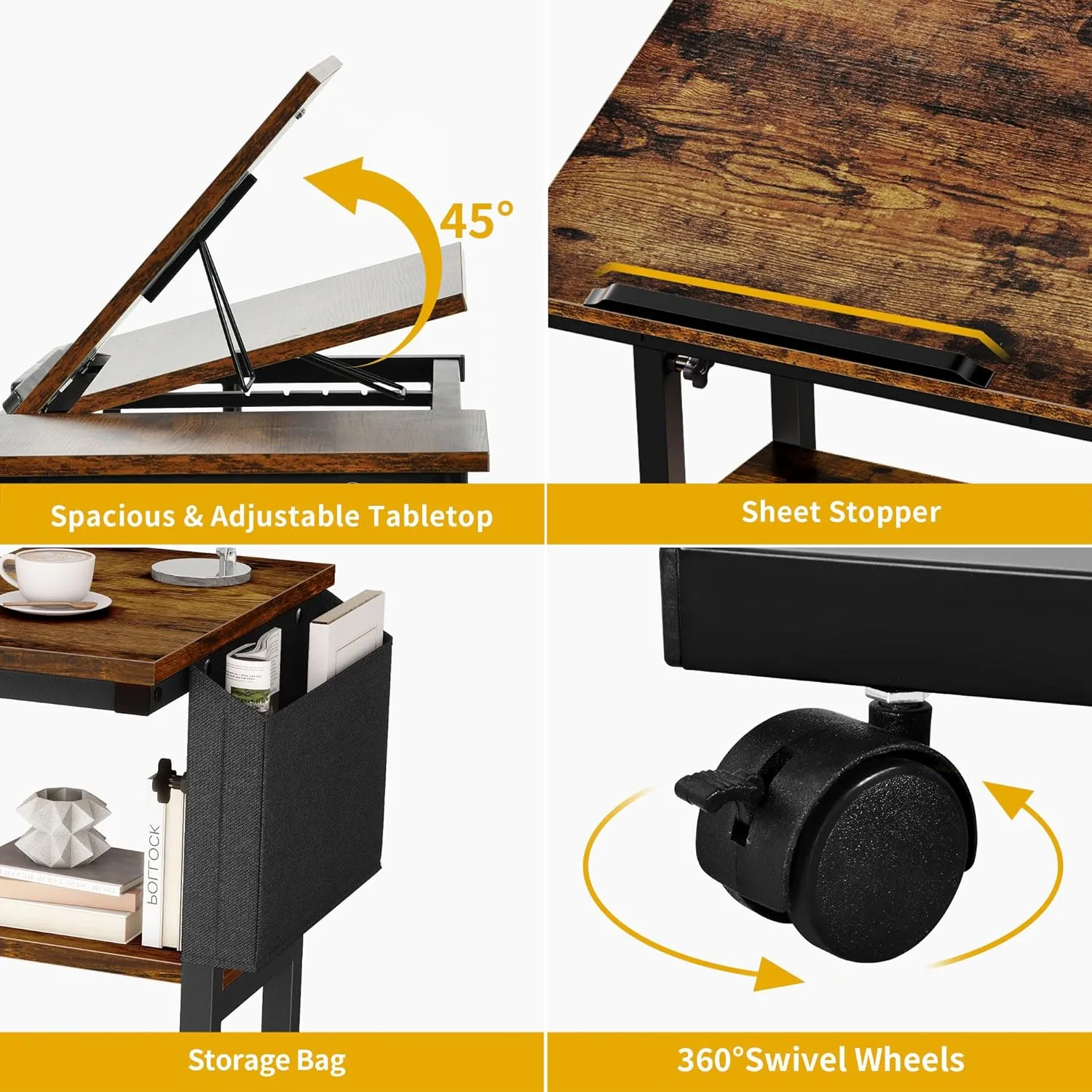 DWVO Height Adjustable Drawing Desk with Charging Station & Wheels, Rolling Craft Table with Tilting Top and Storage Bag, Small Standing & Sitting Laptop Computer Desk (Brown)