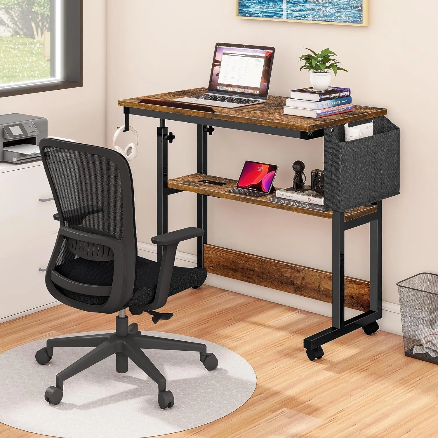 DWVO Height Adjustable Drawing Desk with Charging Station & Wheels, Rolling Craft Table with Tilting Top and Storage Bag, Small Standing & Sitting Laptop Computer Desk (Brown)