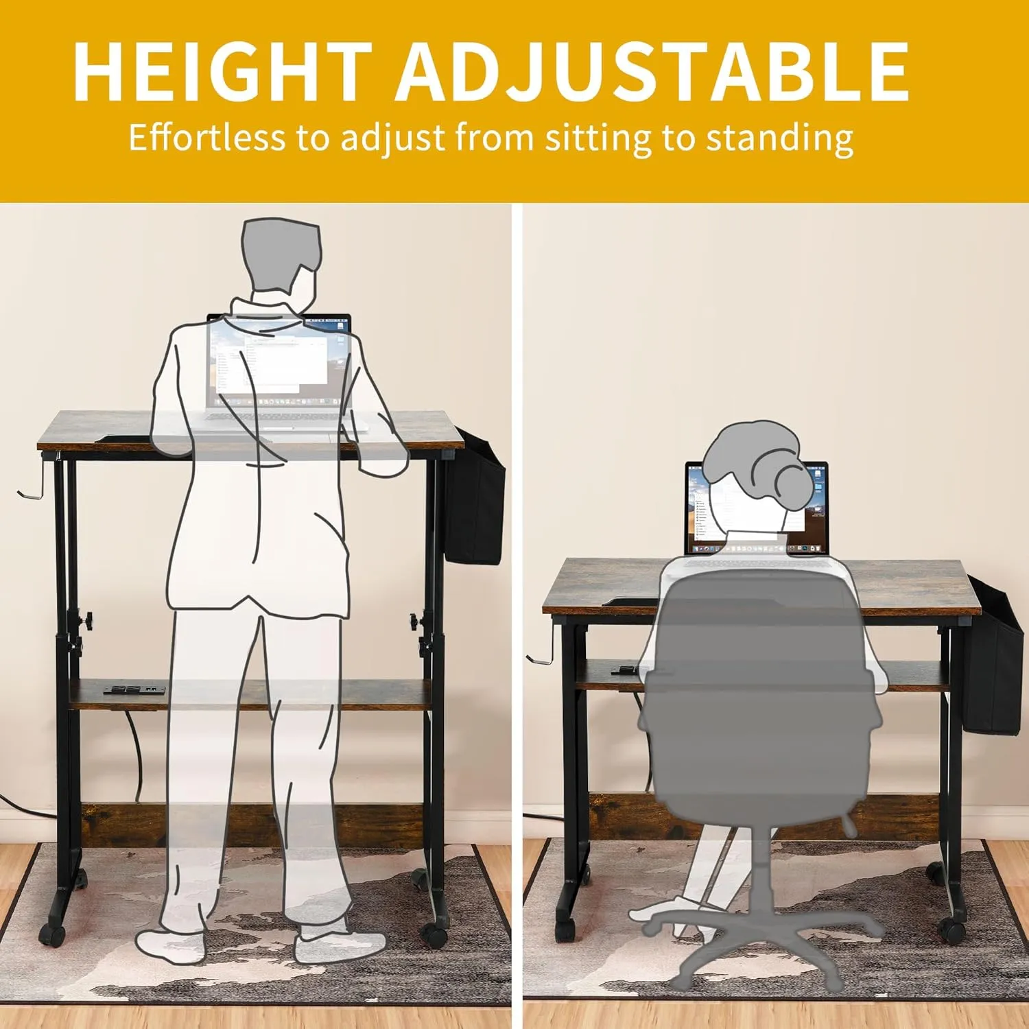 DWVO Height Adjustable Drawing Desk with Charging Station & Wheels, Rolling Craft Table with Tilting Top and Storage Bag, Small Standing & Sitting Laptop Computer Desk (Brown)