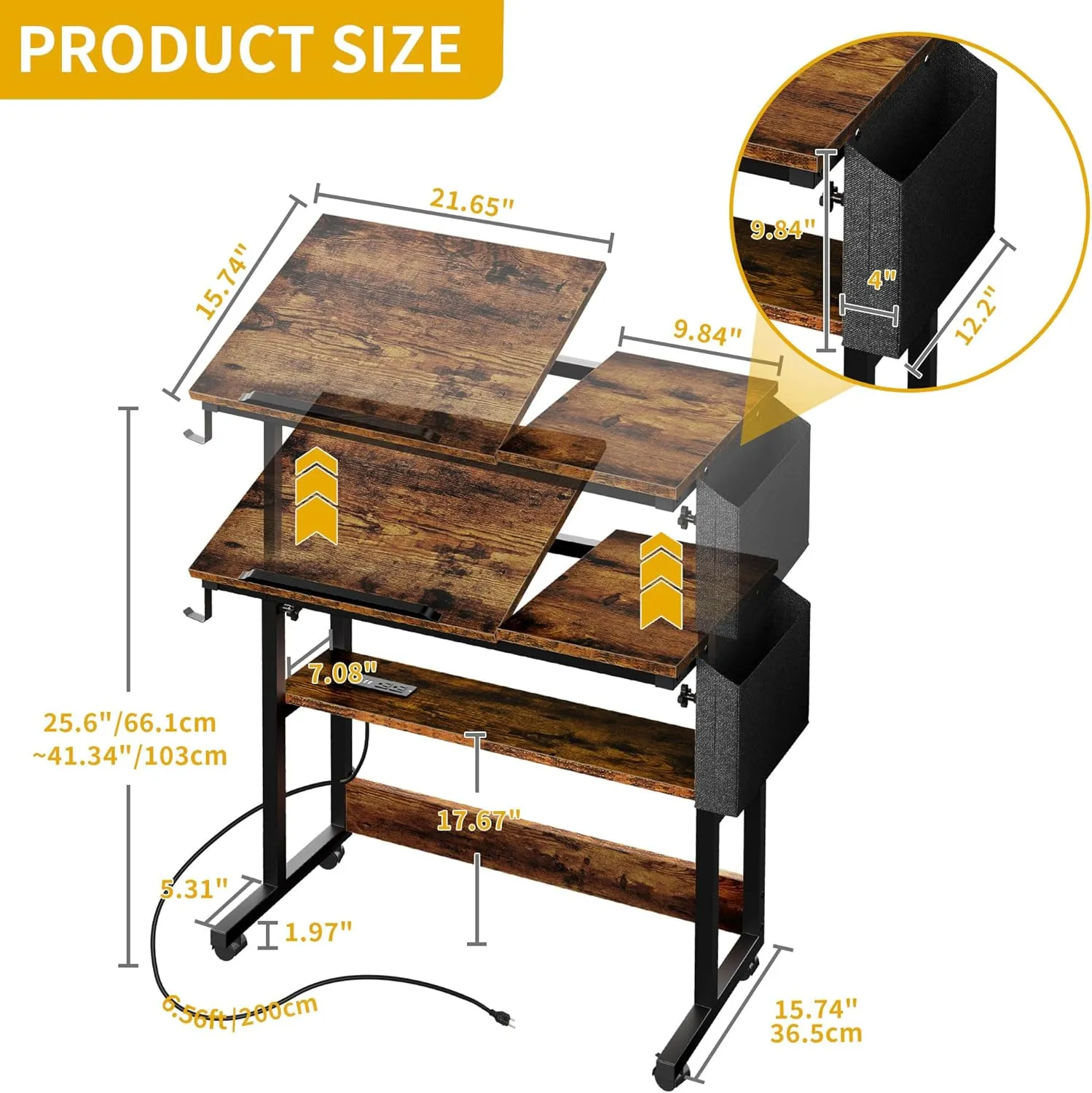 DWVO Height Adjustable Drawing Desk with Charging Station & Wheels, Rolling Craft Table with Tilting Top and Storage Bag, Small Standing & Sitting Laptop Computer Desk (Brown)