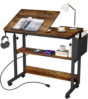 DWVO Height Adjustable Drawing Desk with Charging Station & Wheels, Rolling Craft Table with Tilting Top and Storage Bag, Small Standing & Sitting Laptop Computer Desk (Brown)
