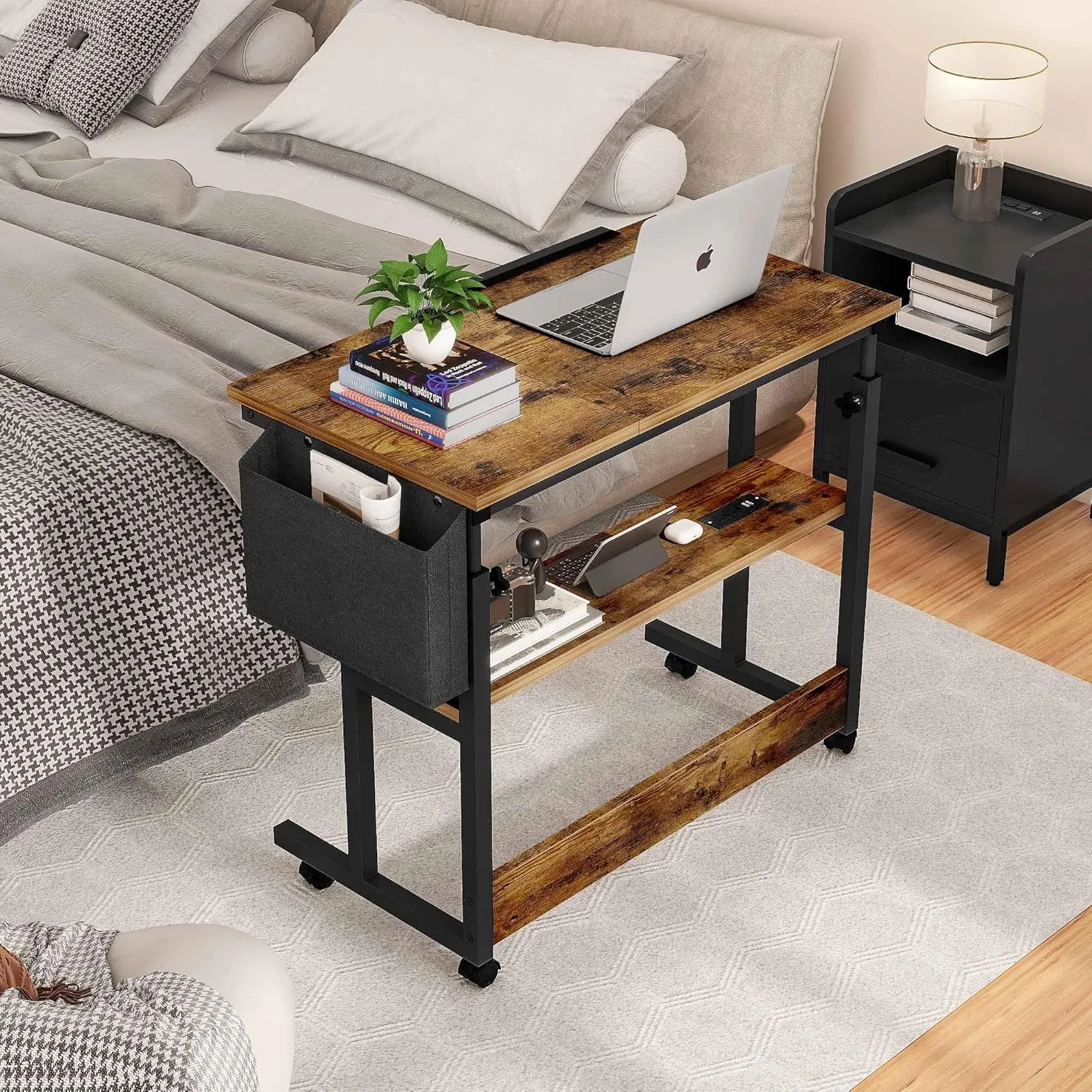 DWVO Height Adjustable Drawing Desk with Charging Station & Wheels, Rolling Craft Table with Tilting Top and Storage Bag, Small Standing & Sitting Laptop Computer Desk (Brown)