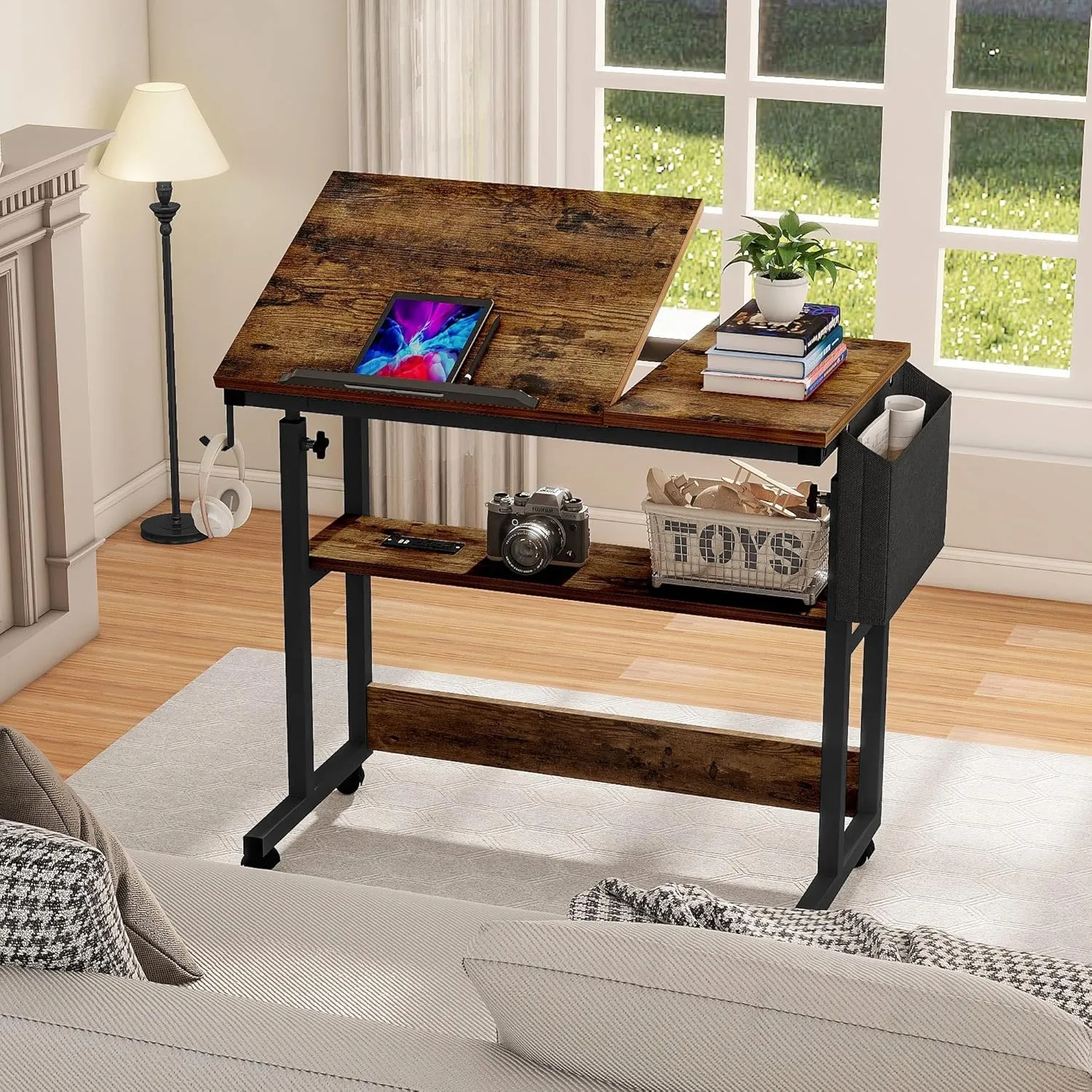 DWVO Height Adjustable Drawing Desk with Charging Station & Wheels, Rolling Craft Table with Tilting Top and Storage Bag, Small Standing & Sitting Laptop Computer Desk (Brown)