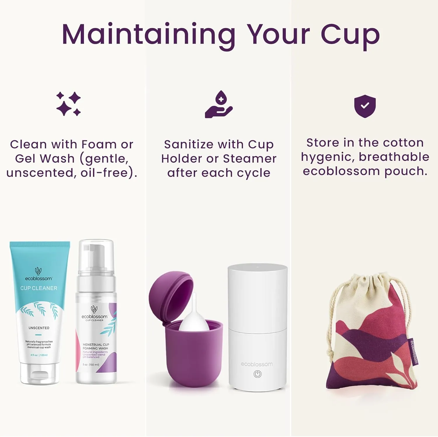 EcoBlossom Menstrual Cup Kit - Tampon, Pad, and Disc Alternative Product - Wear for 12 Hours - Reusable Period Cup/Copa Designed with Soft Flexible Medical-Grade Silicone (Small & Large)