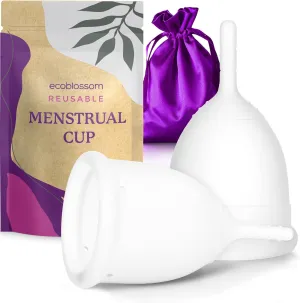 EcoBlossom Menstrual Cup Kit - Tampon, Pad, and Disc Alternative Product - Wear for 12 Hours - Reusable Period Cup/Copa Designed with Soft Flexible Medical-Grade Silicone (Small & Large)