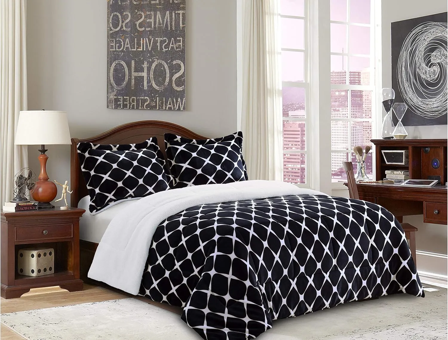 Elegant Comfort Softest, Coziest Premium Quality Heavy Weight Bloomingdale Pattern Micromink Sherpa-Backing Reversible Down Alternative Micro-Suede 3-Piece Comforter Set, Full, Black