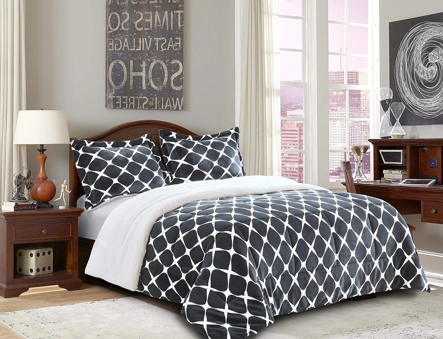 Elegant Comfort Softest, Coziest Premium Quality Heavy Weight Bloomingdale Pattern Micromink Sherpa-Backing Reversible Down Alternative Micro-Suede 3-Piece Comforter Set, King, Grey