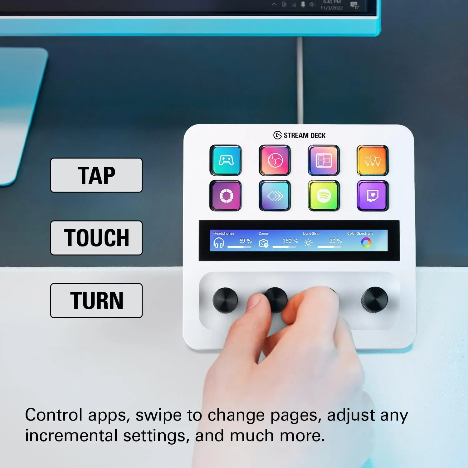 Elgato Stream Deck   White - Works great with Adobe Apps - Photoshop, Illustrator, Premiere Pro & More - 4 Dials, 8 Customizable Keys - Get 2 Months of Adobe Creative Cloud - Works with Mac & PC