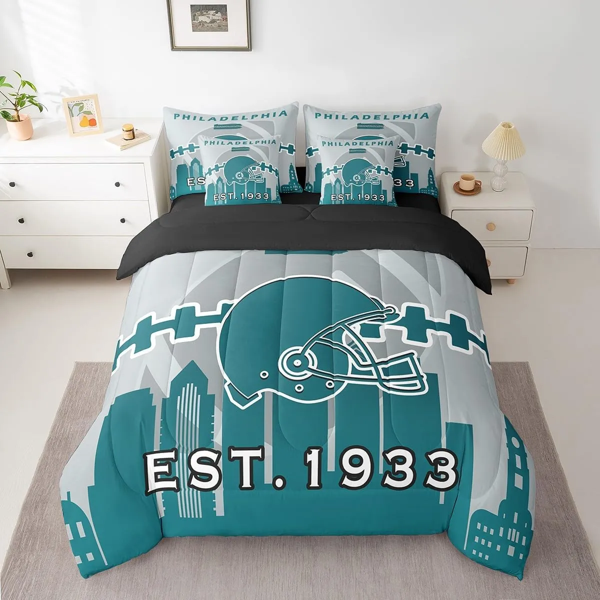 Erosebridal 7 Pcs Comforter Set King Size,Football Bed in a Bag with Flat Sheet and Fitted Sheet for Kids and Adults,Sports Fan Bedding Set with Pillowcases and Cushion Cases(Philadelphia)