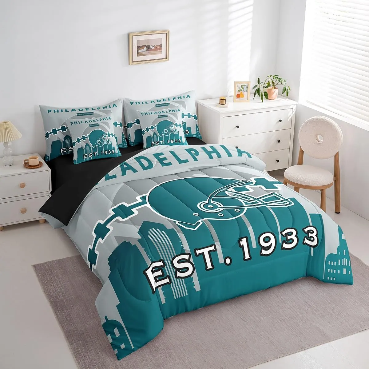 Erosebridal 7 Pcs Comforter Set King Size,Football Bed in a Bag with Flat Sheet and Fitted Sheet for Kids and Adults,Sports Fan Bedding Set with Pillowcases and Cushion Cases(Philadelphia)