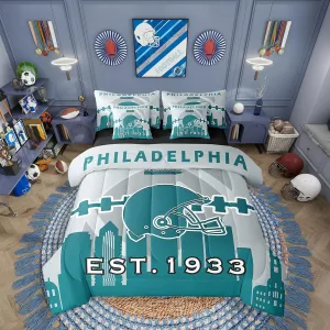 Erosebridal 7 Pcs Comforter Set King Size,Football Bed in a Bag with Flat Sheet and Fitted Sheet for Kids and Adults,Sports Fan Bedding Set with Pillowcases and Cushion Cases(Philadelphia)