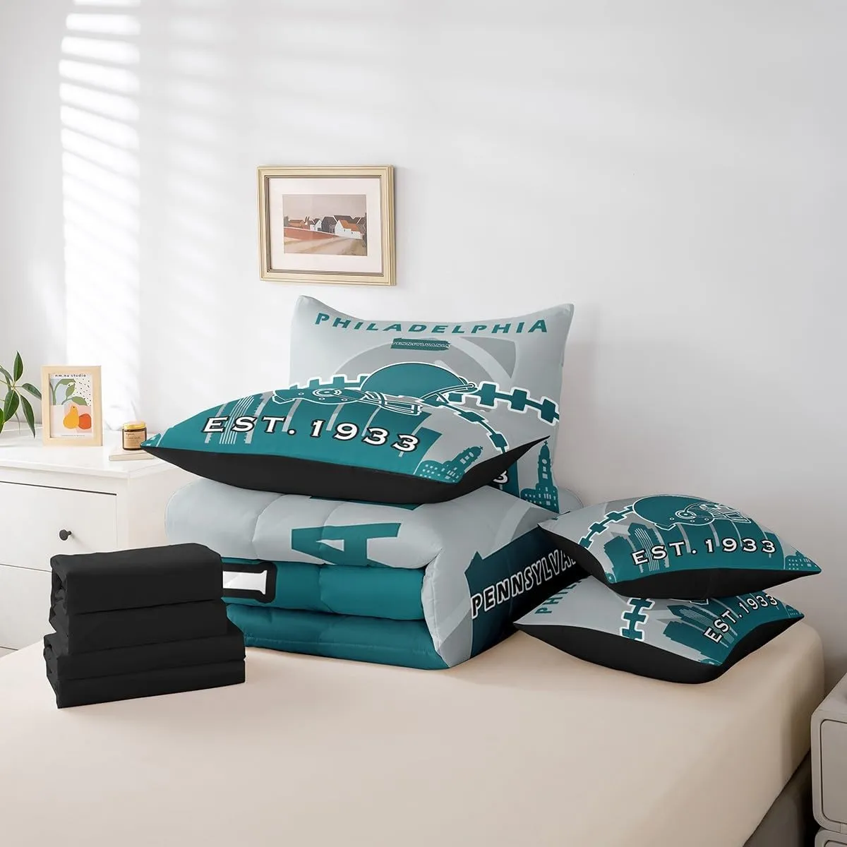 Erosebridal 7 Pcs Comforter Set King Size,Football Bed in a Bag with Flat Sheet and Fitted Sheet for Kids and Adults,Sports Fan Bedding Set with Pillowcases and Cushion Cases(Philadelphia)