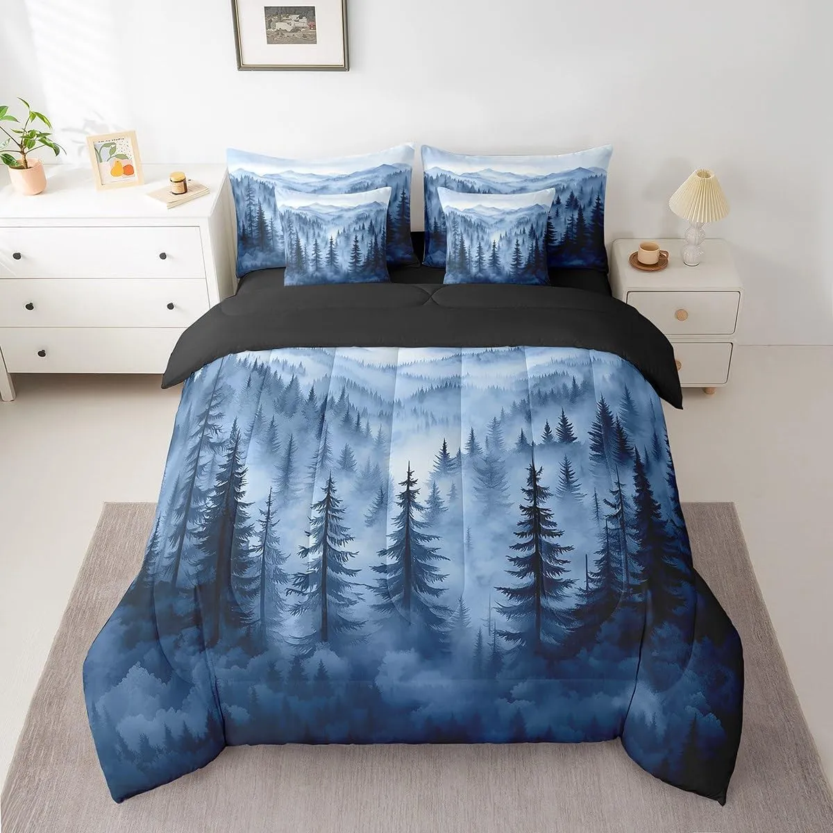 Erosebridal Boys Blue Forest Queen Comforter Set with Sheets 7 Piece,Rustic Woodland Pine Tree Bedding Set,Jungle Smoky Mountain Bed in A Bag for Kids Adults Men Retro Natural Landscape Bed Set