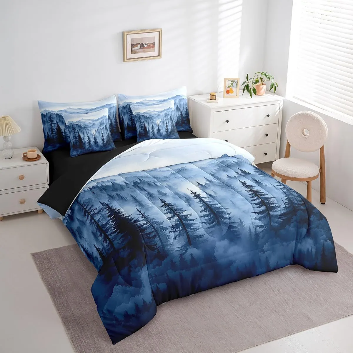 Erosebridal Boys Blue Forest Queen Comforter Set with Sheets 7 Piece,Rustic Woodland Pine Tree Bedding Set,Jungle Smoky Mountain Bed in A Bag for Kids Adults Men Retro Natural Landscape Bed Set