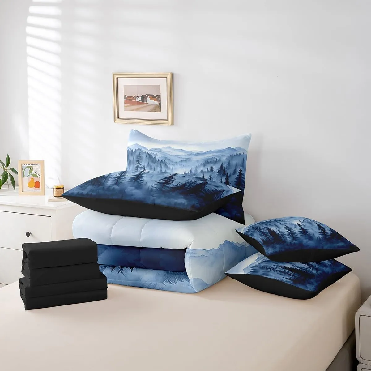 Erosebridal Boys Blue Forest Queen Comforter Set with Sheets 7 Piece,Rustic Woodland Pine Tree Bedding Set,Jungle Smoky Mountain Bed in A Bag for Kids Adults Men Retro Natural Landscape Bed Set