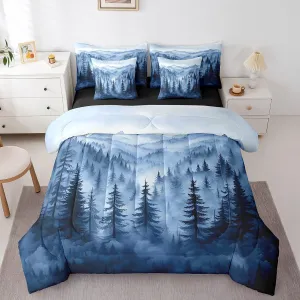 Erosebridal Boys Blue Forest Queen Comforter Set with Sheets 7 Piece,Rustic Woodland Pine Tree Bedding Set,Jungle Smoky Mountain Bed in A Bag for Kids Adults Men Retro Natural Landscape Bed Set