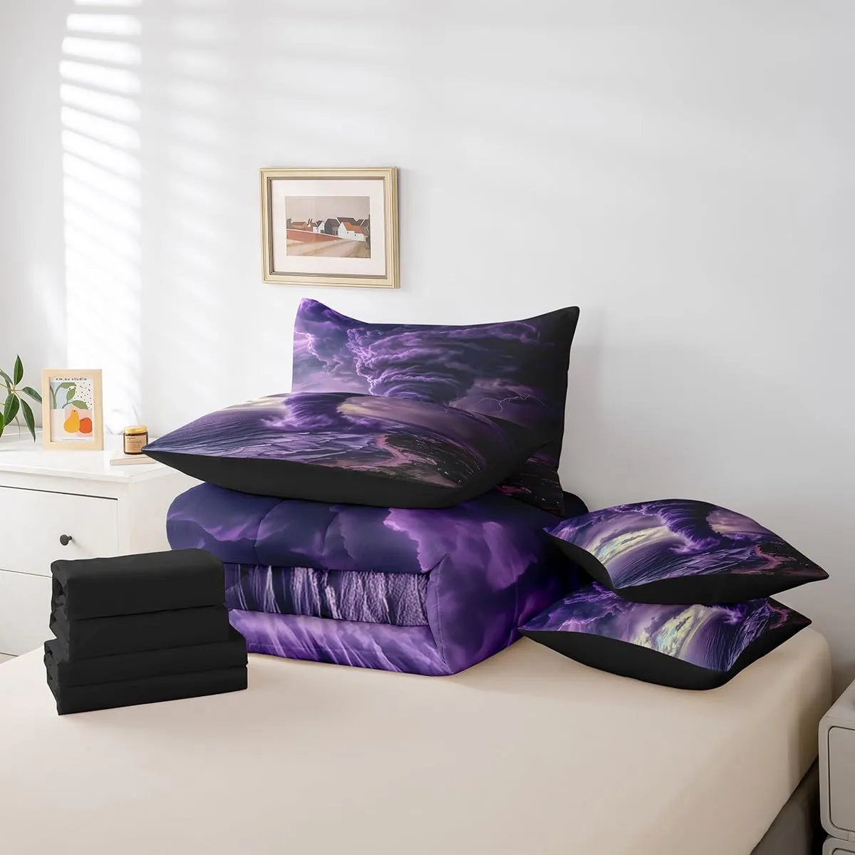 Erosebridal Purple Tornado Kids Bed in A Bag Lightning Bedding Set for Boys Girls Room Decor,Natural Disaster Dark Clouds Twin Comforter Set 7 Piece Tornado Pattern Sheet Set with Comforter