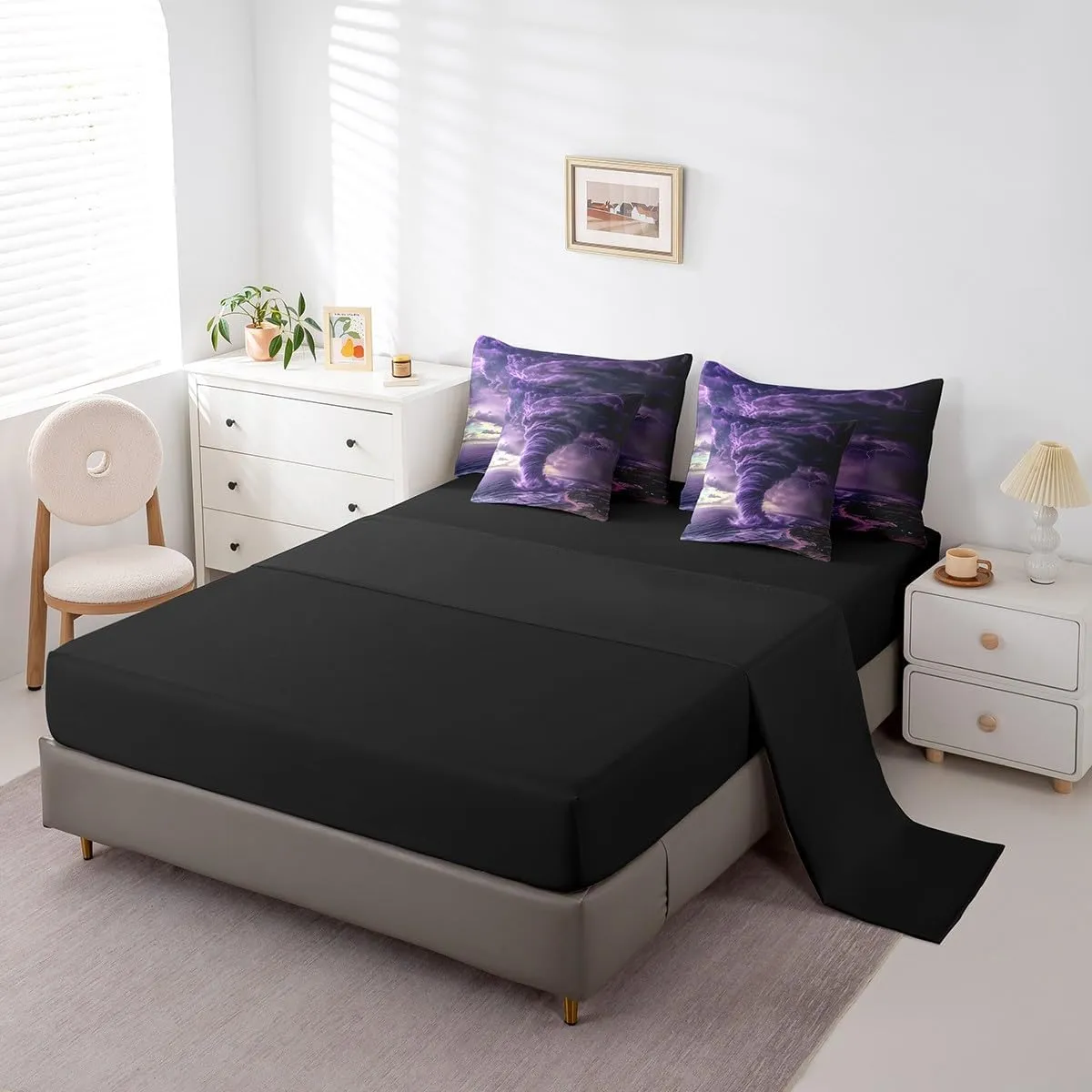 Erosebridal Purple Tornado Kids Bed in A Bag Lightning Bedding Set for Boys Girls Room Decor,Natural Disaster Dark Clouds Twin Comforter Set 7 Piece Tornado Pattern Sheet Set with Comforter