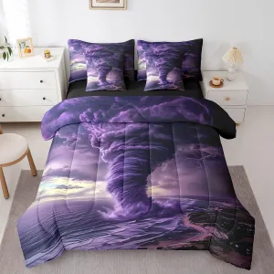 Erosebridal Purple Tornado Kids Bed in A Bag Lightning Bedding Set for Boys Girls Room Decor,Natural Disaster Dark Clouds Twin Comforter Set 7 Piece Tornado Pattern Sheet Set with Comforter