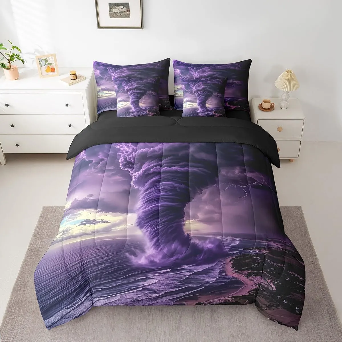 Erosebridal Purple Tornado Kids Bed in A Bag Lightning Bedding Set for Boys Girls Room Decor,Natural Disaster Dark Clouds Twin Comforter Set 7 Piece Tornado Pattern Sheet Set with Comforter