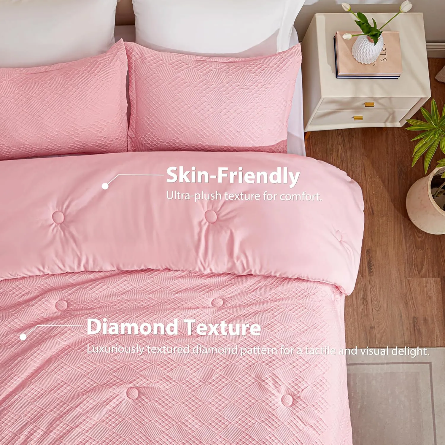 EXQ Home Waffle Comforter Queen Size - Super Soft Embossed Design Comforter Set 3 Pieces, Pink 3D Diamond Pattern Bedding Set,Winter Warm Bed Set,1 Comforter with 2 Pillowcases