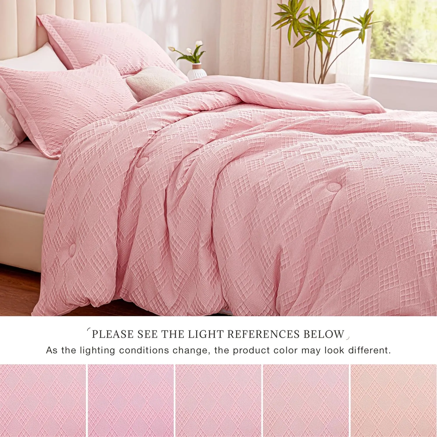 EXQ Home Waffle Comforter Queen Size - Super Soft Embossed Design Comforter Set 3 Pieces, Pink 3D Diamond Pattern Bedding Set,Winter Warm Bed Set,1 Comforter with 2 Pillowcases