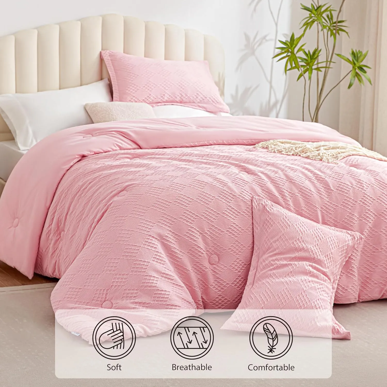 EXQ Home Waffle Comforter Queen Size - Super Soft Embossed Design Comforter Set 3 Pieces, Pink 3D Diamond Pattern Bedding Set,Winter Warm Bed Set,1 Comforter with 2 Pillowcases