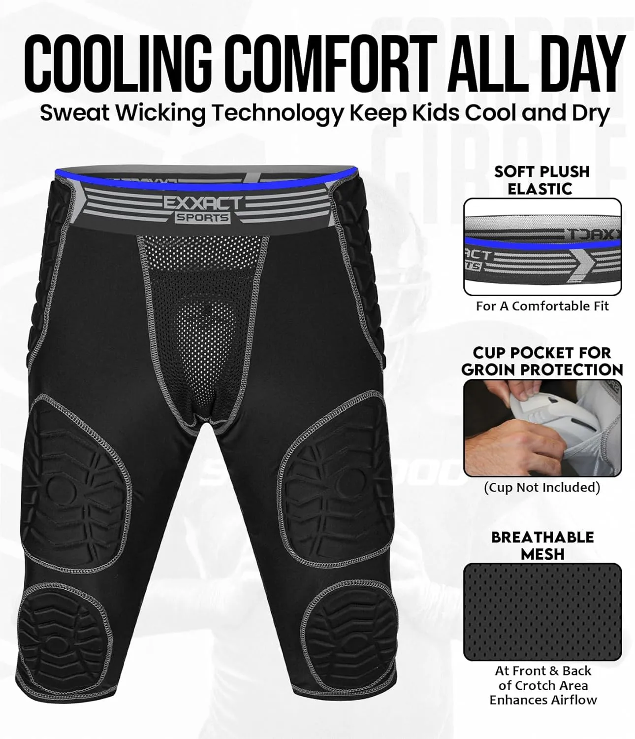 Exxact Sports Combat 7-Pad Youth Football Girdle with Cup Pocket, Padded Compression Shorts with Integrated Pads, Boys Girdle Football