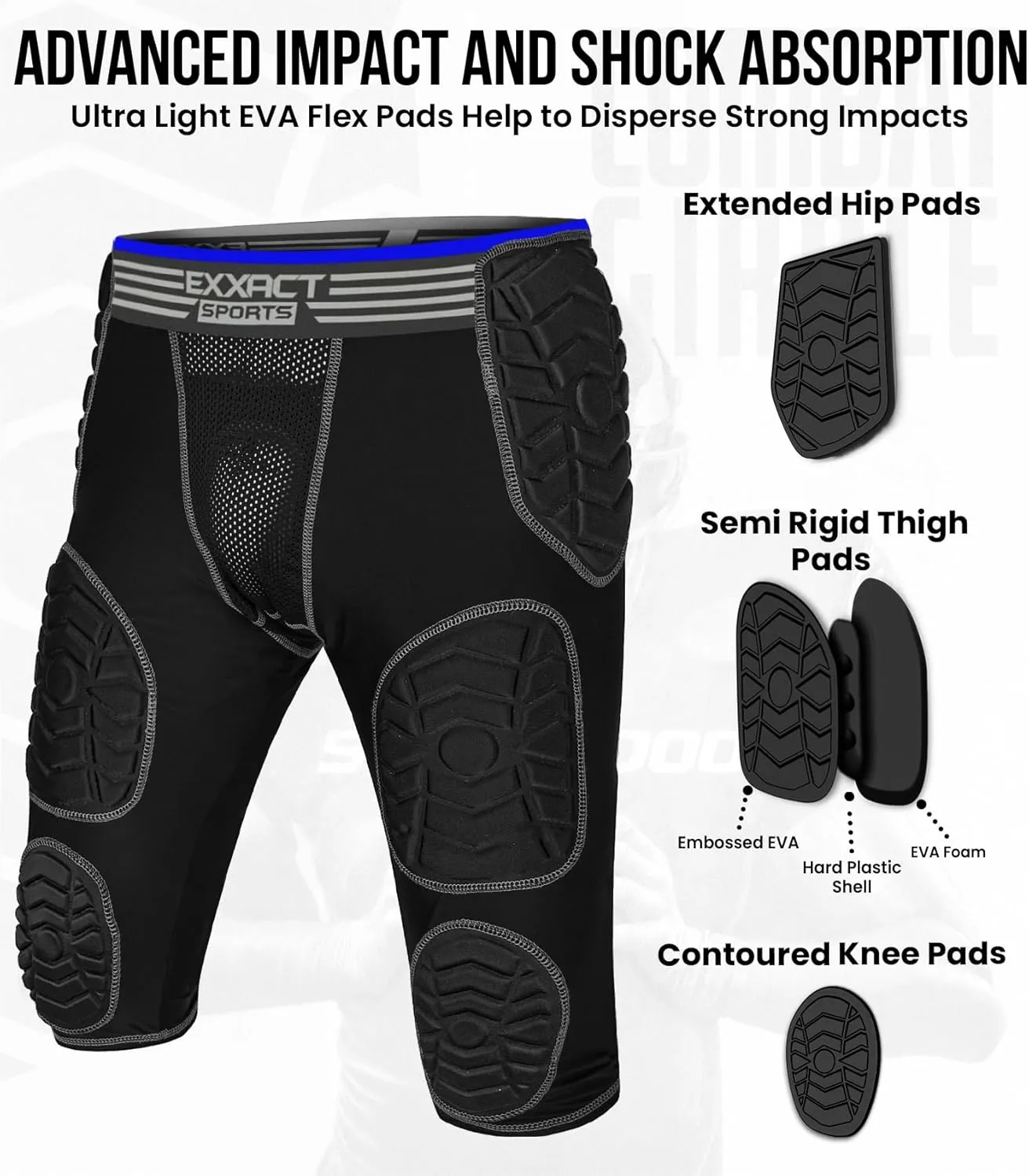 Exxact Sports Combat 7-Pad Youth Football Girdle with Cup Pocket, Padded Compression Shorts with Integrated Pads, Boys Girdle Football