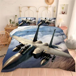 Fighter Aircraft Comforter Set Kids F-15 Eagle Flying in The Sky Bedding Set Boys Girls Army Military Jet Print Decor Quilt Set, Twin Size, 1 Comforter 1 Pillowcase