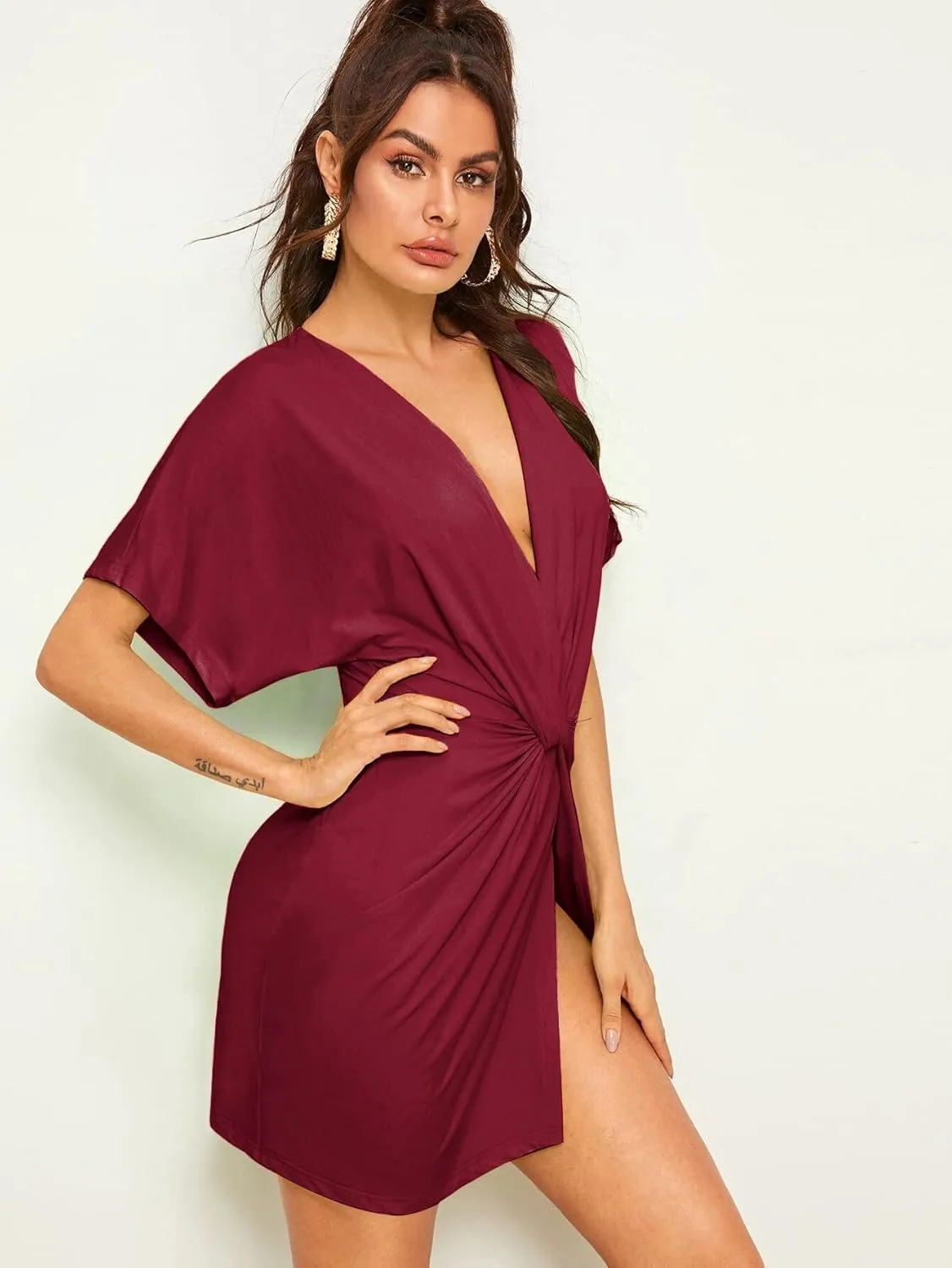 Floerns Women's Deep V Neck Twisted Plunging High Slit Mini Party Dress