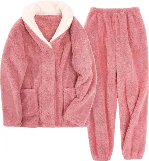 Fluffy Pajamas Set for Women Fleece Pjs Sets Button Down Sleepwear Pullover Fuzzy Pants Winter Plush Loungewear