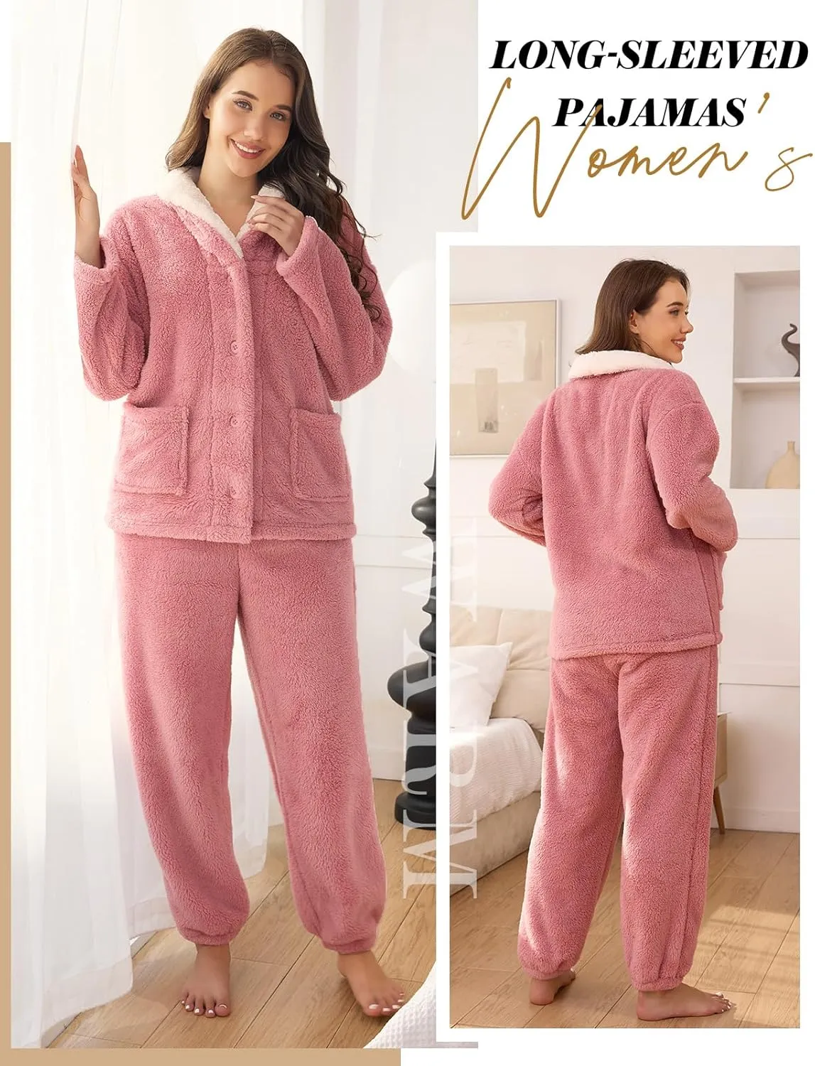 Fluffy Pajamas Set for Women Fleece Pjs Sets Button Down Sleepwear Pullover Fuzzy Pants Winter Plush Loungewear