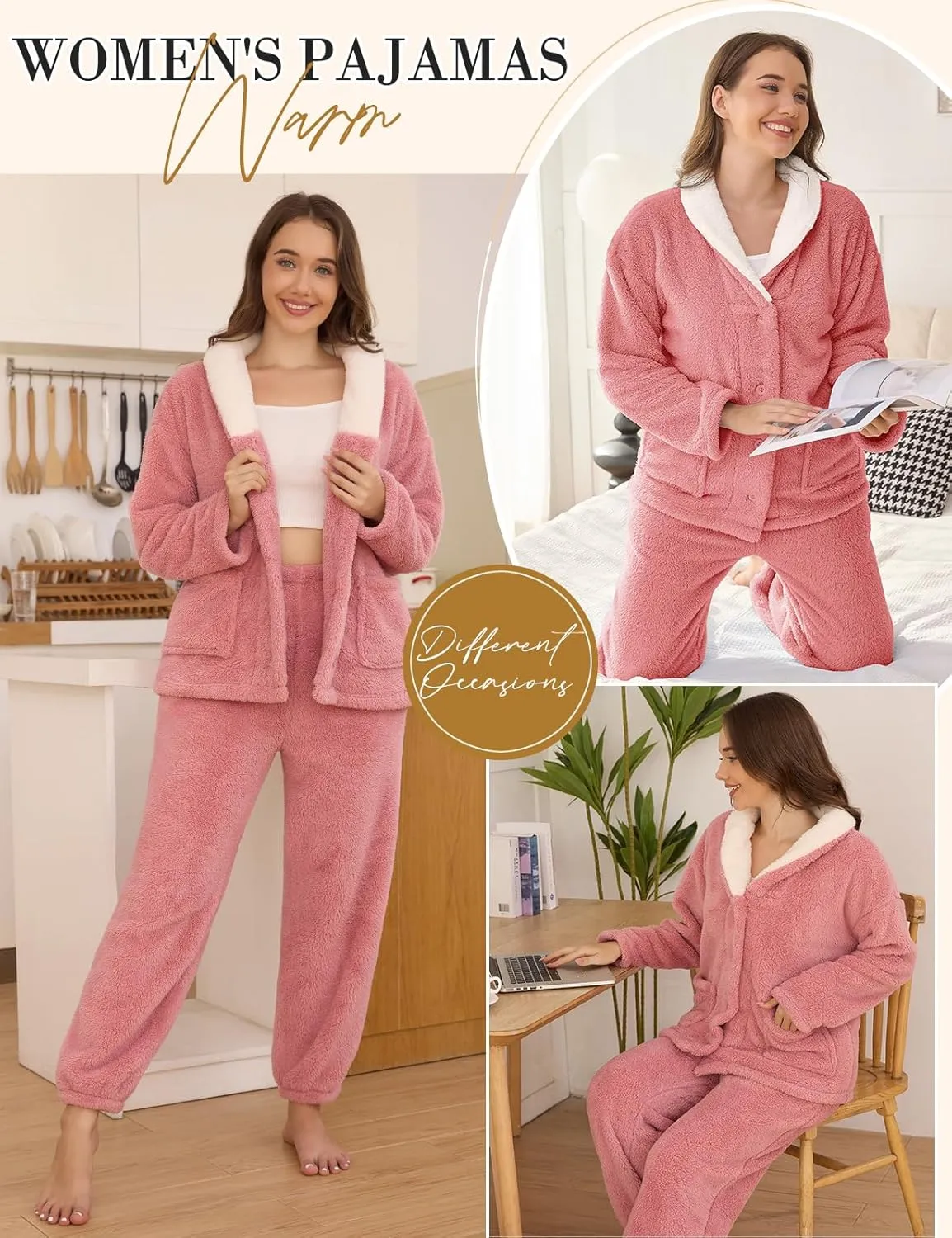 Fluffy Pajamas Set for Women Fleece Pjs Sets Button Down Sleepwear Pullover Fuzzy Pants Winter Plush Loungewear