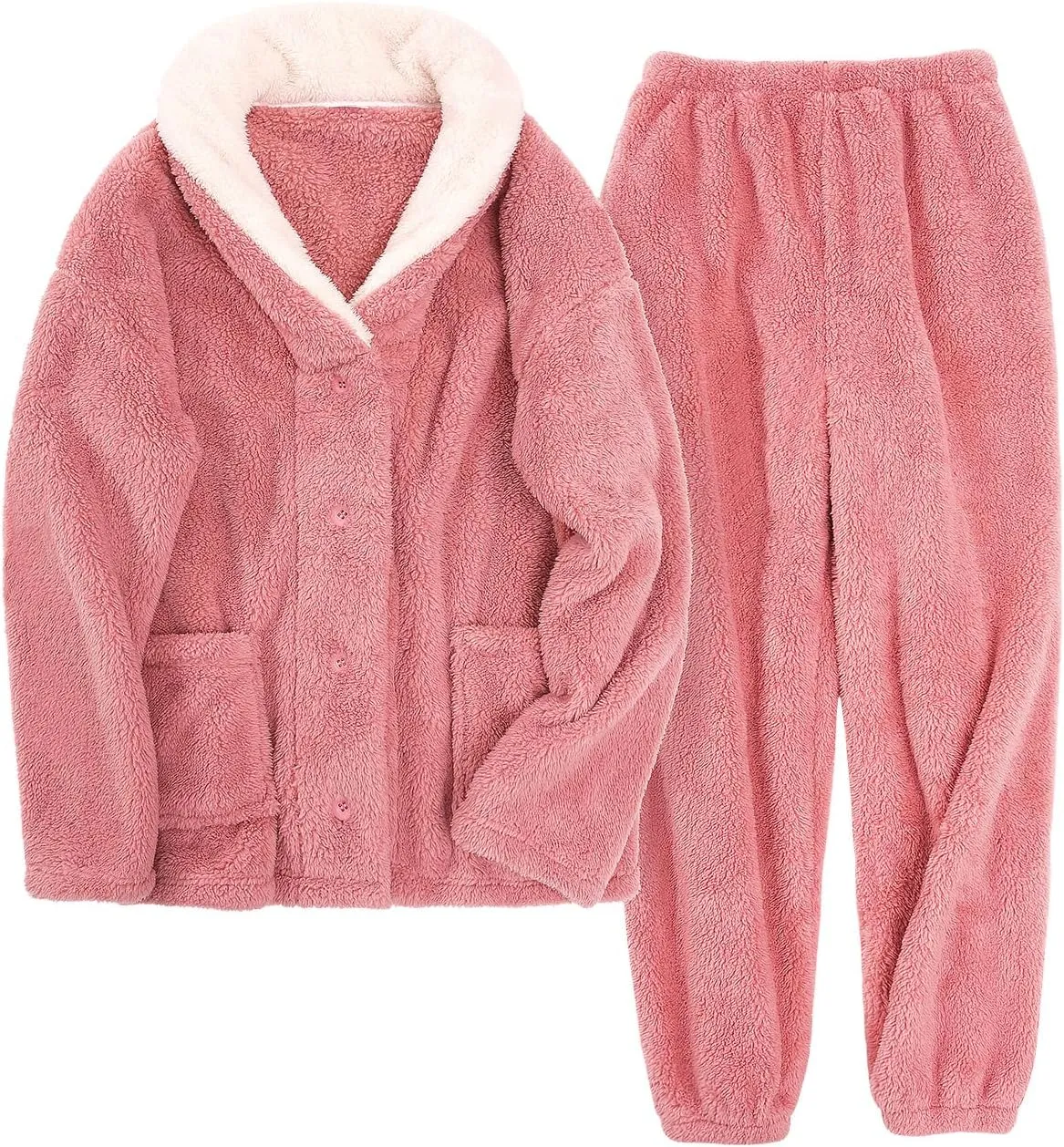 Fluffy Pajamas Set for Women Fleece Pjs Sets Button Down Sleepwear Pullover Fuzzy Pants Winter Plush Loungewear