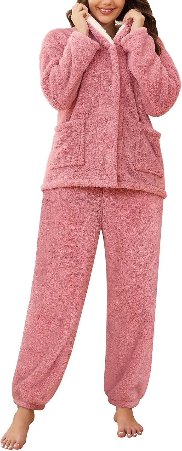 Fluffy Pajamas Set for Women Fleece Pjs Sets Button Down Sleepwear Pullover Fuzzy Pants Winter Plush Loungewear
