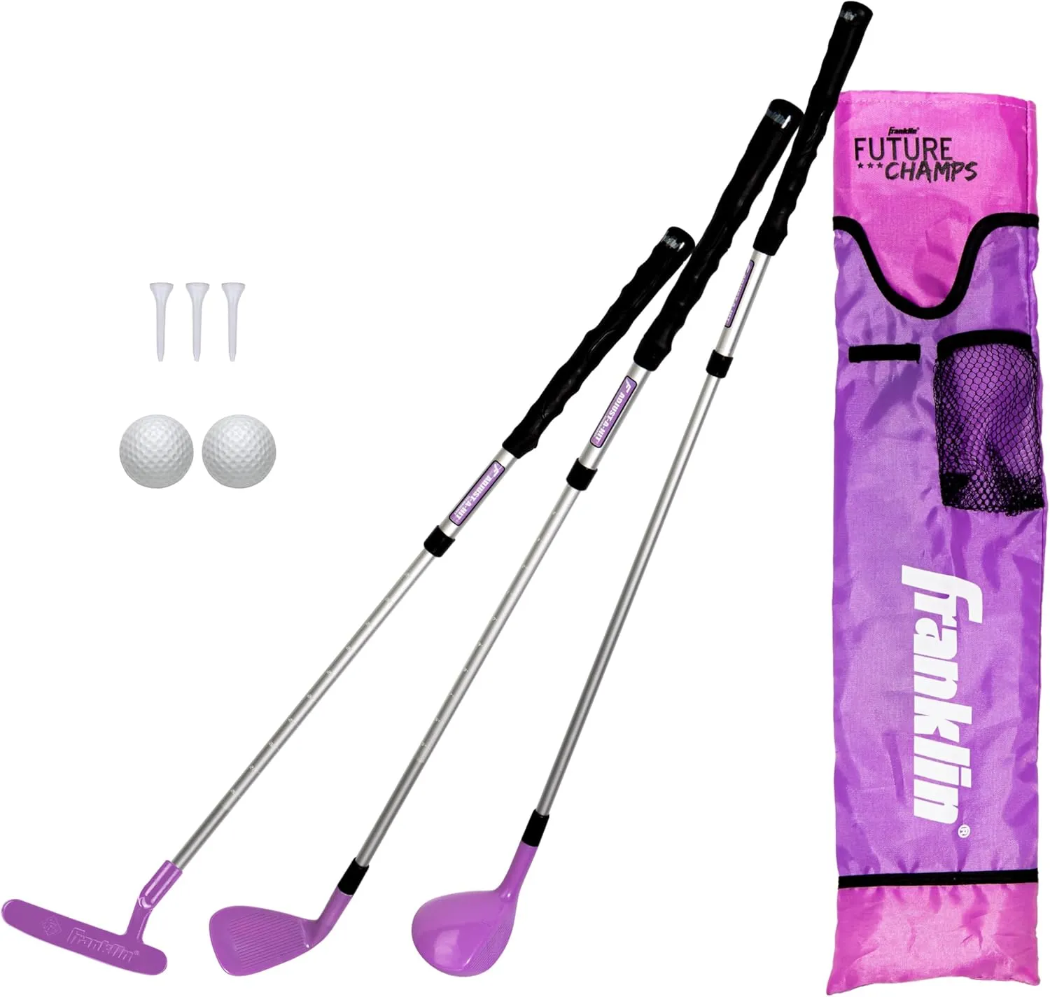 Franklin Sports Golf Set - Youth Adjustable Plastic Golf Club Set - Kids Golf Set with Bag & Balls - Adjustable Length Clubs For Toddlers - Pink