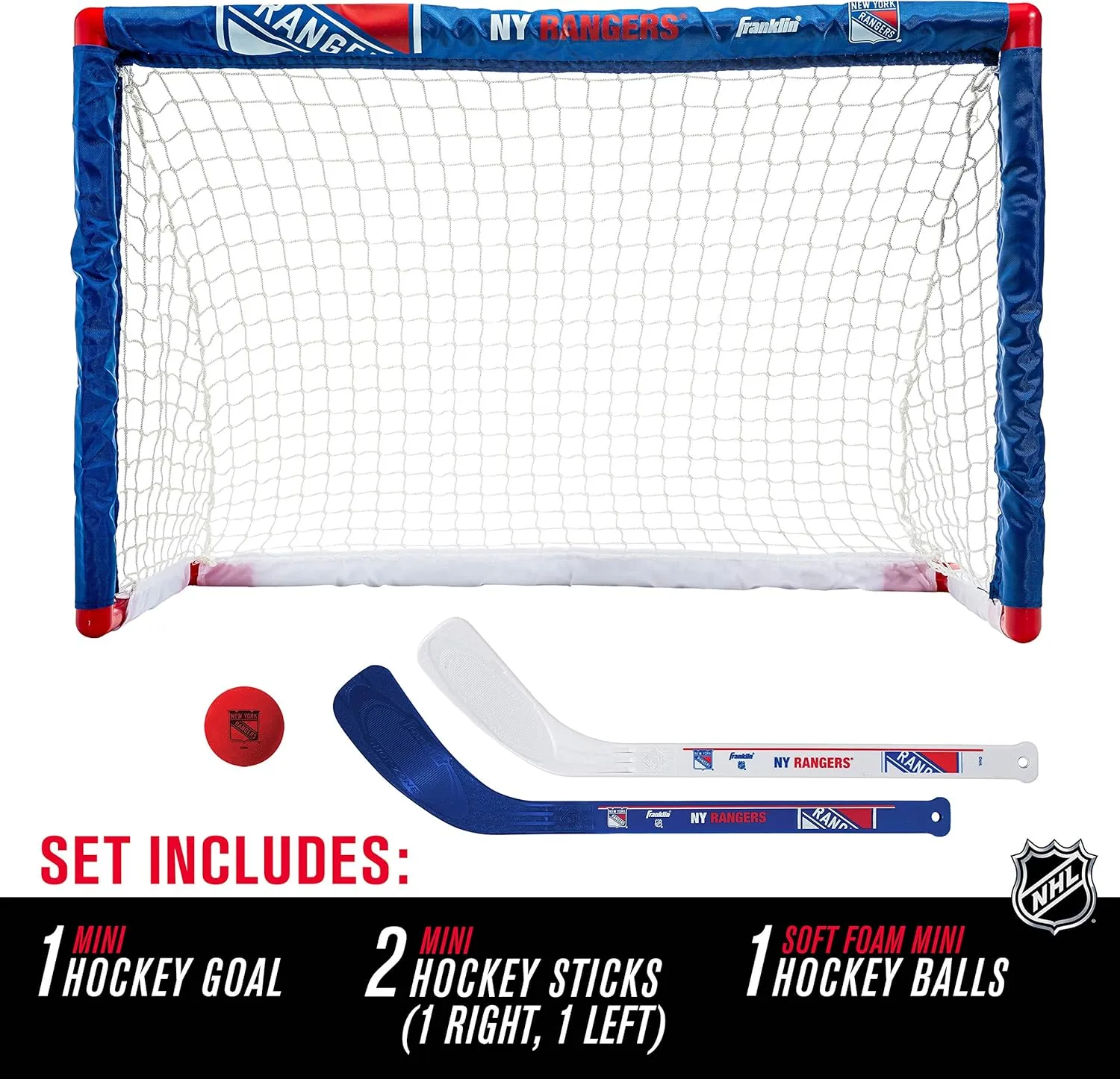 Franklin Sports NHL Mini Hockey Set - Kids Indoor Knee Hockey Goal, Ball,   2 Stick Combo - Youth Team Indoor Toy Set - Official - Ages 3 