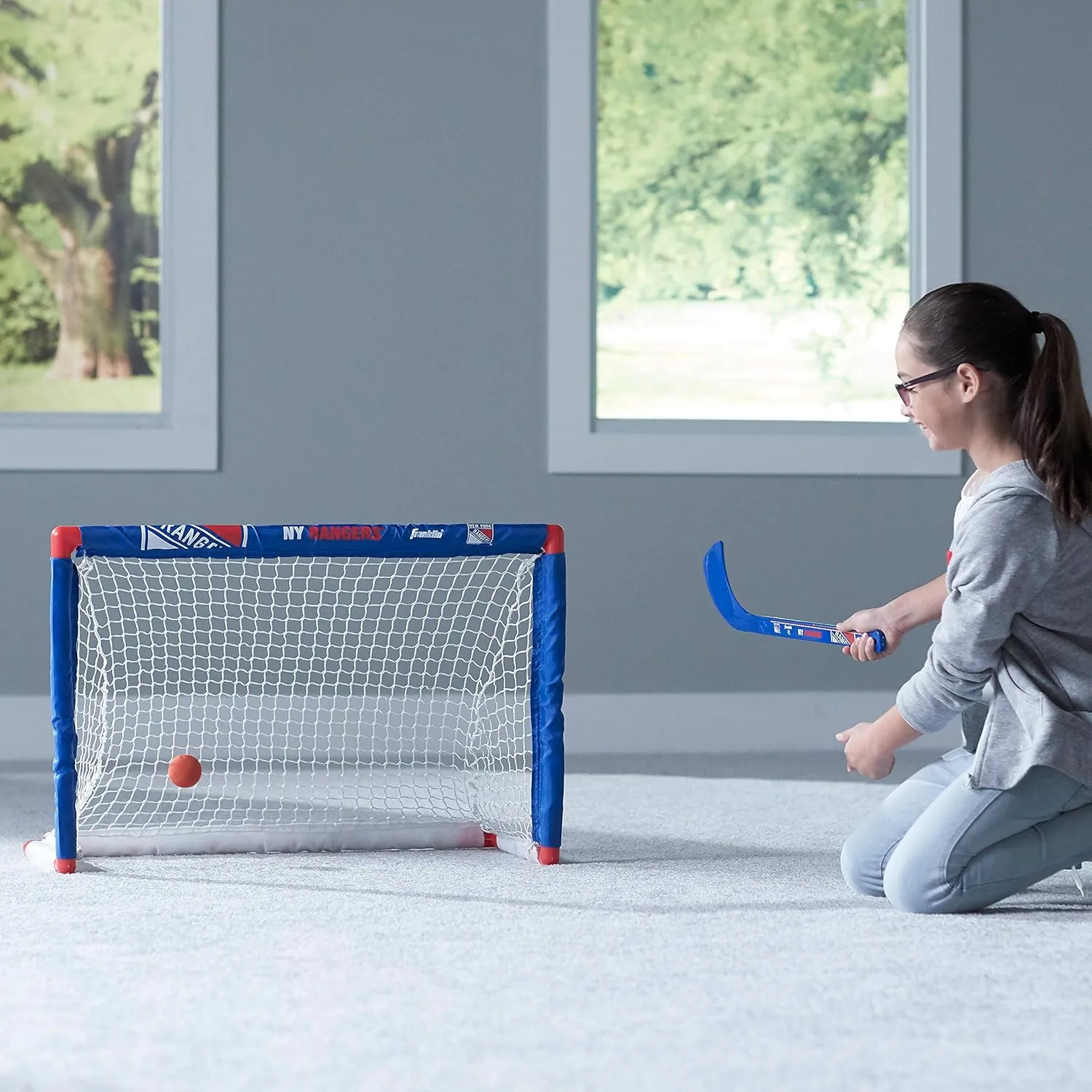 Franklin Sports NHL Mini Hockey Set - Kids Indoor Knee Hockey Goal, Ball,   2 Stick Combo - Youth Team Indoor Toy Set - Official - Ages 3 