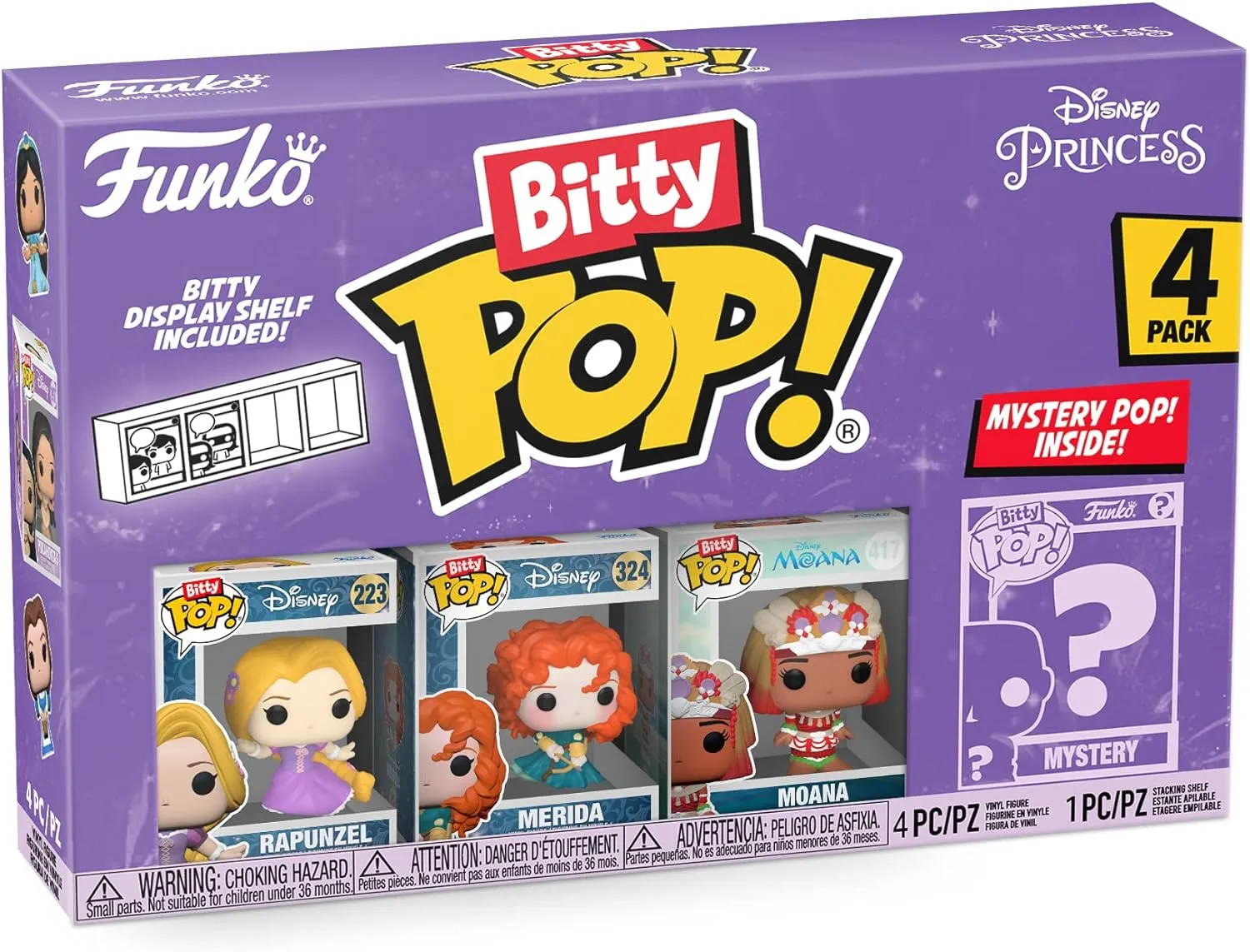 Funko Bitty Pop Disney Princesses - Rapunzel, Merida, Moana and A Surprise Mystery Mini Figure - 0.9 Inch (2.2 Cm) Collectable - Stackable Display Shelf Included - Cake Topper - Gift Idea