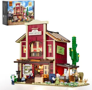 FUNWHOLE Old West Post Office Lighting Building-Bricks Set - 1692 Pcs The Wild West Town Collection Display Set for Adults and West Lovers