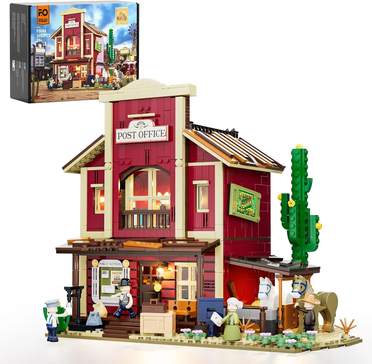 FUNWHOLE Old West Post Office Lighting Building-Bricks Set - 1692 Pcs The Wild West Town Collection Display Set for Adults and West Lovers