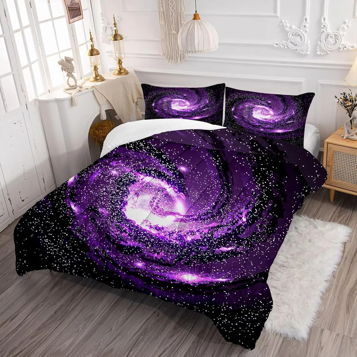 Galaxy Comforter Set Universe Outer Space Purple Starry Sky Night Pattern Bedding Set for Girls Boys Kids Queen Size Microfiber Purple Comforter Set Bed in a Bag